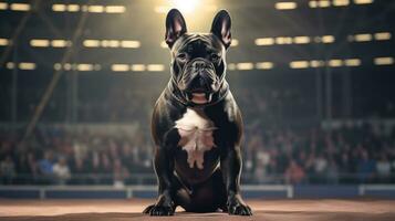 Pedigreed purebred French bulldog dog at exhibition of purebred dogs. Black color. Dog show. Animal exhibition. Competition for the most purebred dog. Winner, first place. Advertising, AI generated photo