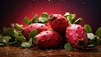 Fruit Prickly Pear. Whole red fruits on green background of leaves and drops. Macro. Exotic sweet fruit of Opuntia cactus. Vegan eco dessert. Supermarket, advertising, restaurant, menu. AI generated photo