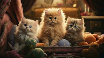 Three purebred pedigree kittens of the Persian cat breed at an exhibition of pedigree cats. Cat show. A group of Persian kittens playfully explores cozy corner filled with plush cushions AI generated photo