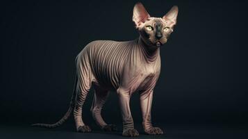 A pedigreed purebred Sphynx cat at an exhibition of purebred cats. Cat show. Animal exhibition. Competition for the most purebred cat. Winner, first place, main prize. AI generated photo