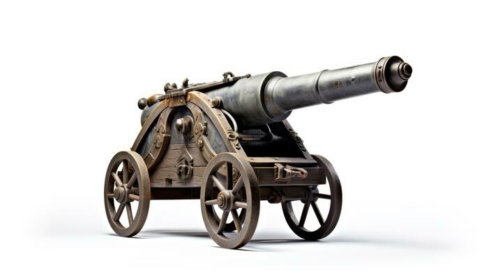 Old artillery cannon on large wooden wheels on a white background. An  ancient antique medieval weapon that shoots cannonballs. Mortar bombard.  Vintage weapons war. Model of antique cannon AI generated 31696953 Stock