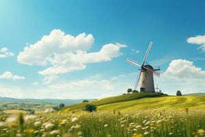 Traditional mill for grinding grain into flour. Picturesque countryside landscape with traditional windmills on rolling hill. Fields of wheat, clear blue sky, windmill sails in motion. AI Generated photo