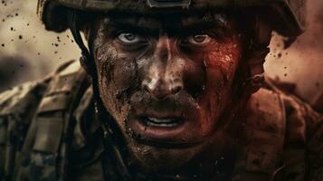 PTSD. Close-up of a military man in uniform and helmet. Fighting, face smeared in mud. Soldier in battle. Active actions. War. There is anger, fear, stress tension in the eyes. AI generated photo