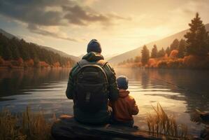 padre y hijo pesca. un hombre y un pequeño chico son pescar juntos en un lago, posterior vista. otoño estación. sencillo precioso momentos gasto hora con niños. padre enseña hijo a pez. ai generado foto