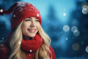 Pretty young blonde woman, wearing red Christmas hat and coat, smiling happy, against blue background, snowing. With copy space. Close up. Christmas mood. For New Year poster, banner, AI generated photo