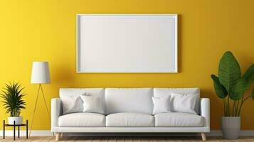 Mockup. Empty white picture frame in an elegant and minimalist yellow living room interior. Modern minimalist design, white sofa with cushions, yellow wall, green plants. With copy space. AI generated photo