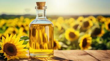 Sunflower oil. Transparent glass bottle with yellow sunflower oil on wooden table, backdrop of sunflower field. Sunny day. With copy space. Organic. advertising, poster, banner, label. AI generated photo
