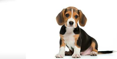 Purebred Pedigree Beagle puppy sitting on clean white background with copy space. Adorable cute young dog. Perfect for Banner, poster for pet store, Veterinary clinic, Animal hospital, AI generated photo