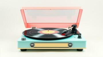 Vintage record player with pastel-colored vinyl records isolated on a clean white background, exuding nostalgia and musical charm. Perfect for music enthusiasts AI generated photo