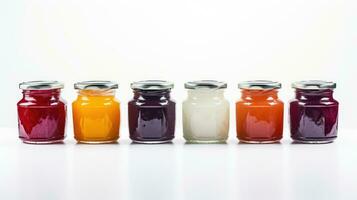 Glass jars with jam of different colors from different fruits. lined up, white background. Preservation and preparation, homemade healthy food. Sweet dessert. AI generated photo