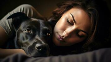 Dog therapy. Young brunette woman lies in embrace with black Labrador Retriever dog. Close-up. Dog is a friend, helps the girl overcome stress. Friendship with animal. Devotion AI generated photo