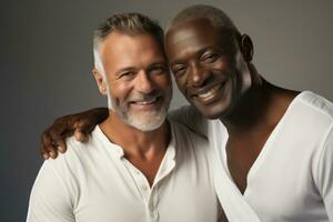 Two mature men of different races, white Caucasian and African American, close-up. Men in white T-shirts, smiling. Two close friends. Strong male friendship. Together AI generated photo