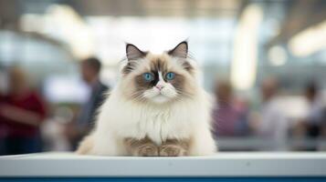 un pedigrí de pura raza muñeca de trapo gato a un exposición de de pura raza gatos gato espectáculo. animal exhibición. competencia para el más de pura raza gato. ganador, primero lugar, principal premio. ai generado foto