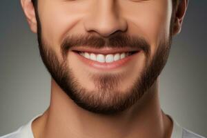 hermoso joven blanco hombre sonrisas ampliamente, demostración blanco, derecho, sano dientes. cerca arriba limpiar antecedentes. publicidad para odontología, dentista, médico clínica. peluquería. modelo. ai generado foto