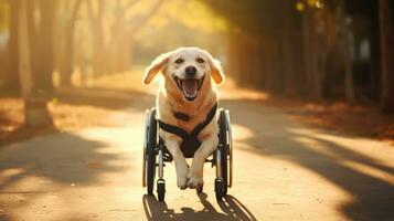 Happy joyful dog in wheelchair runs with his tongue hanging out while walking in the park. Dog is disabled. Helping injured dogs. Love to the animals. Advertising, banner, pet store AI generated photo