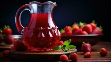 Sweet refreshing berry compote of ripe strawberries served elegantly in a crystal-clear decanter. Autumn red fruit drink. Nearby lie ripe strawberries and sprigs of herbs. In dark colors AI generated photo