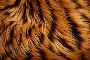 Tiger fur texture. Striped yellow-black fluffy fur of a tiger. Fluffy fur of red animal. Long soft cozy wool. Warm blanket, carpet, blanket, bedspread. Layout for design. Copy space. AI generated photo