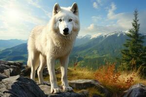 White wolf in natural habitat. Shaggy wolf with white fur and burning eyes against a background of mountains and blue sky. endangered species. Albino. Conservation protection of animals. AI generated photo