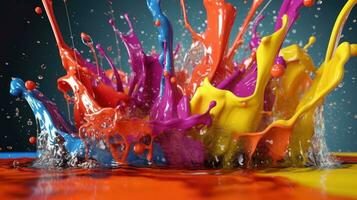 Colored spilling paint in motion. Splashes and drops of paint fly around. Splash of bright colors. Liquid paint falls into water. Abstract dynamic bright background for design, print AI generated photo