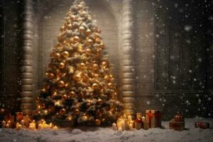 Christmas background with copy space. Silver Christmas tree outside decorated with golden balls, gifts, burning candles. Snowing. New Years Eve. Merry Christmas. Happy New Year, AI generated photo