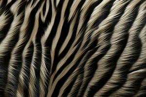 Zebra fur texture. Striped black cream fluffy zebra fur. Close-up. Copy space. Soft cozy wool. Warm blanket, carpet, rug, bedspread. Template. Print, backdrop, textile, cover, notebook, AI generated photo