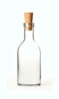 transparent, empty glass bottle with a wooden cork, isolated against a white backdrop. Versatile mockup or template for various design projects with copy space AI generated photo