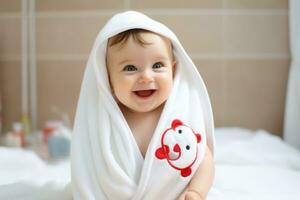 Charming baby after bathing, wrapped in white terry towel, smiles joyfully and happily. Backdrop of blurred bathroom. Copy space. Newborn, small white baby. Advertising, Banner, AI Generated photo