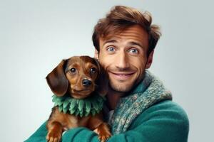 white man in warm, cozy green sweater hugging his beloved purebred Dachshund dog. Joyfully smiling. Happy owner. Cozy and atmospheric photo. On white background with copy space. Together AI generated photo