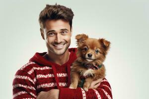 Banner, poster with copy space for International Ugly Sweater Day. man in colorful, hilariously terrible sweater, cheerfully laughing, holding purebred pomeranian chihuahua puppy dog. AI generated photo