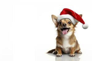 Cute cheerful purebred chihuahua dog in a Christmas Santa Claus hat on a white background with copy space. New Year postcard, background with pet. Merry Christmas. Banner, AI generated photo