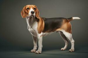 Full-sized purebred pedigree Beagle dog stands tall against a clean grey backdrop. With copy space. Close up. For poster, banner, advertisements. Showcase elegance of this pedigree breed, AI generated photo