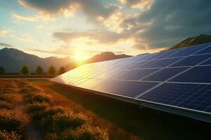Rows of solar panels glisten and harness the golden-hour sunlight against a serene countryside backdrop. A picturesque blend of nature and clean energy generation. copy space. AI generated photo