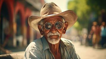 un mayor canoso mexicano hombre con un Bigote, barba, sombrero, y lentes se sienta en el calle de México. de cerca retrato de un antiguo hombre. el hombre sonrisas vida en el calles de México. ai generado foto