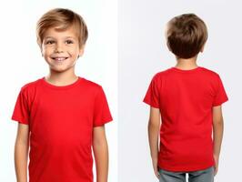 Smiling boy in a red T-shirt. Front and back views. Copy space. Close up. White background. Cute brown-eyed child model. Advertising children's clothing for a store. Mockup for design AI generated photo