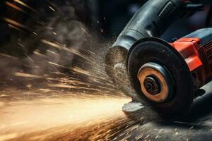 Close-up of angle grinder in grunge style scene, sparks flying as it works. With copy space. Perfect for banners, posters, advertisement brochures, business cards, design projects. AI generated photo