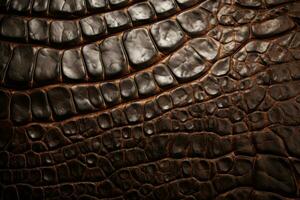 Detailed texture of crocodile or snake skin. Brown reptile scales. Macro. Alligator, cobra, python leather. Large scales. World of wild nature. Beautiful, expensive, rich background. AI generated photo