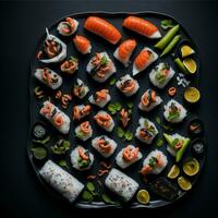 Top view table full of delicious food arrangement photo