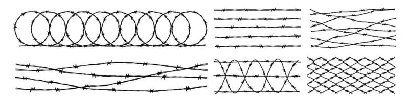 conjunto de fondos de cerca de alambre de púas. ilustración vectorial dibujada a mano en estilo boceto. elemento de diseño para conceptos militares, de seguridad, penitenciarios y de esclavitud vector