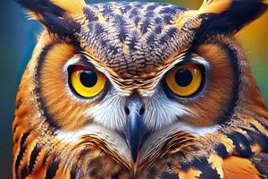 Owl headshot with closeup of face. Generative AI photo