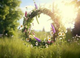 rústico flores silvestres guirnalda en un soleado prado. verano solsticio día, pleno verano concepto. generativo ai foto