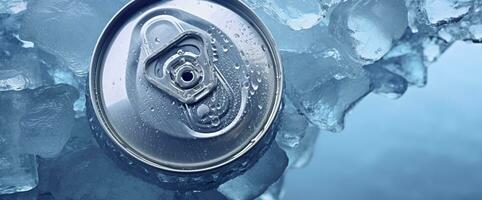 Top of drink tin can iced submerged in frost ice, metal aluminum beverage. Generative AI photo