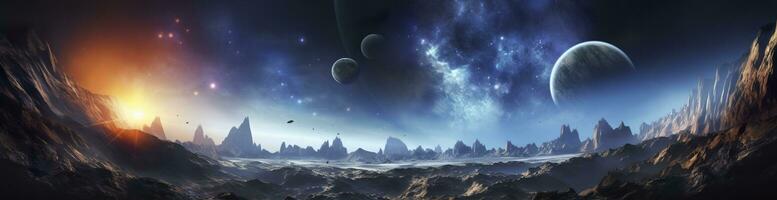 Panorama of distant planet system in space 3D rendering elements. Generative AI photo