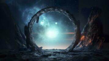 Portal to another world. Futuristic cosmic landscape with circle tunnel in starry sky. Generative AI photo