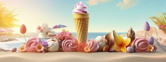 Banner with ice cream in a waffle cone on a summer day. Generative AI photo