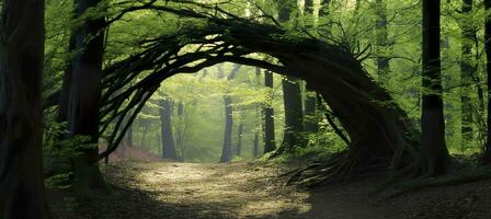 Natural archway shaped by branches in the forest. AI Generated photo