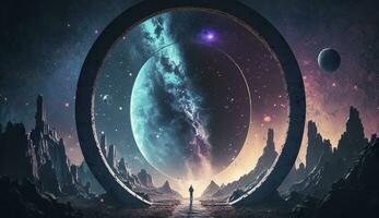Portal to another world. Futuristic cosmic landscape with circle tunnel in starry sky. Generative AI photo