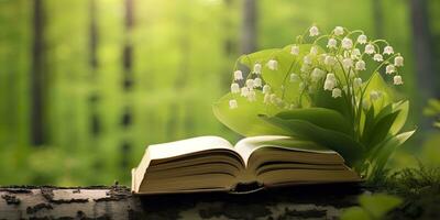 Lily of the Valley flowers and old books in the forest, green natural background. AI Generated photo