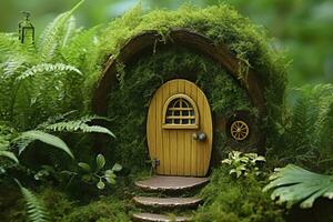 Little magic wooden fairy doors and plants leave on a mossy natural green background. AI Generated photo