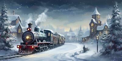 19th century train going throw a village in winter with a snow background. AI Generated photo