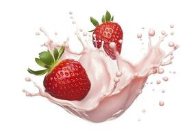 milk or yogurt splash with strawberries isolated on white background, 3d rendering. AI Generated photo